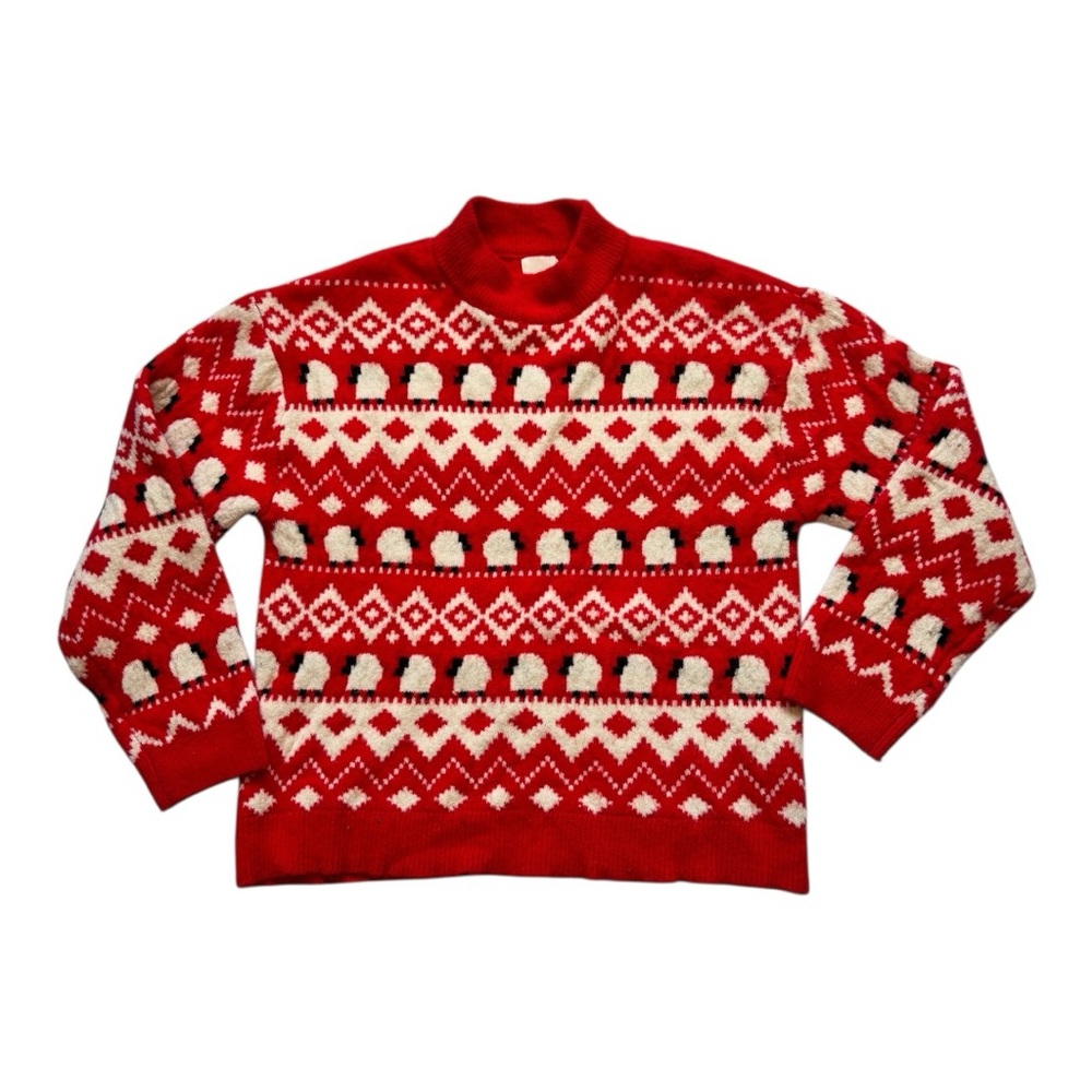 H&M Sheep-Print Jacquard-Knit Fair Isle Relaxed-Fit Mock-Neck Sweater Size S